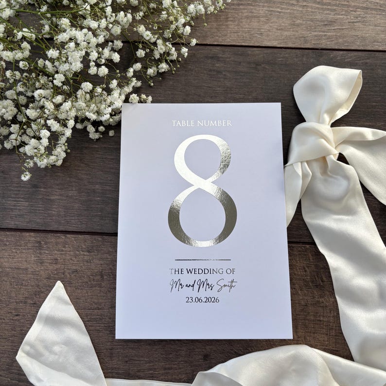 Table Numbers Sign for Wedding / Foiled in Gold, Silver or Rose Gold / Personalised Table Numbers / A5 Sign / Seating Plan / Eva image 3