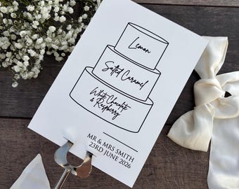 Cake Sign with Personalised Cake Flavours For Your Wedding / 11 Card colours / Couples Names & Wedding Date / Style Eva