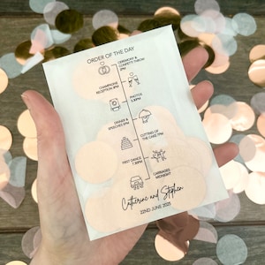 May include: A white card with a black and white order of the day for a wedding. The card is decorated with pink and gold confetti. The order of the day includes the ceremony, champagne reception, photos, dinner and speeches, cutting of the cake, first dance, and carriages. The card is signed "Catherine and Stephen" and the date "22nd June 2005".