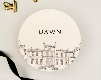 Personalised Circular Wedding Place Cards, Guest Name & Venue Sketch, Custom Foil or Print, Elegant Table Seating Decor, Style Grace