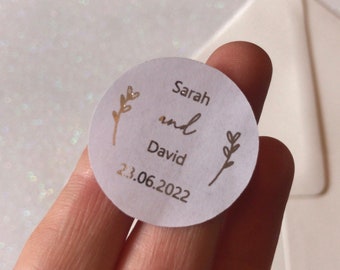 Personalised Foiled Foilage Style Stickers for Wedding Invitation Envelopes or Favours