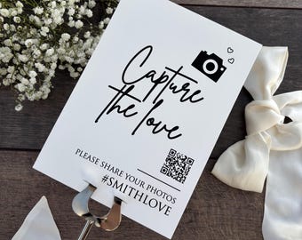 Capture the Love Sign for Wedding in Black Print / A5 or A4 size/ Black Print / Social Media Sign / Personalised QR Code and Hashtag / EVA