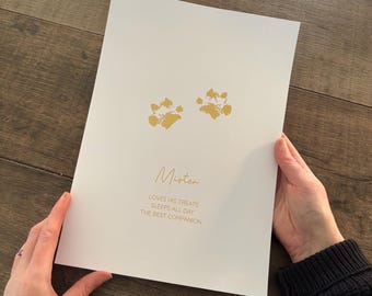Personalised Dog Paw Foiled Print Art, Luxury Pet Keepsake, Memorial or Puppy Gift, Dog Lover Wall Art, Gold, Silver or Rose Gold