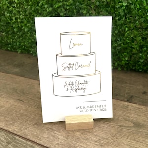 Letrero de pastel de bodas personalizado con sabores / Tamaño A5 o A4 / Opciones de papel laminado dorado, plateado o dorado rosa / Decoración de bodas / Estilo Eva