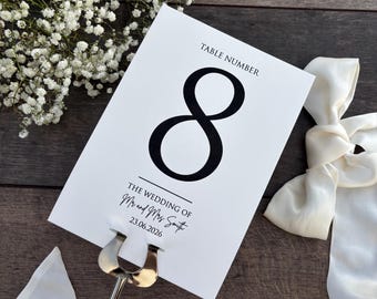 Table Number Signs For Your Wedding /  Black Print / 11 Card Colours / Personalised with Wedding Couples' Names & Date / Style Eva