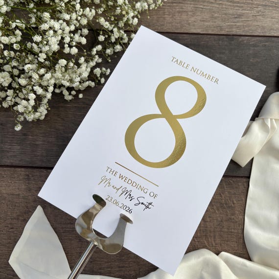 Table Numbers Sign for Wedding / Foiled in Gold, Silver or Rose Gold / Personalised Table Numbers / A5 Sign / Seating Plan /  Eva