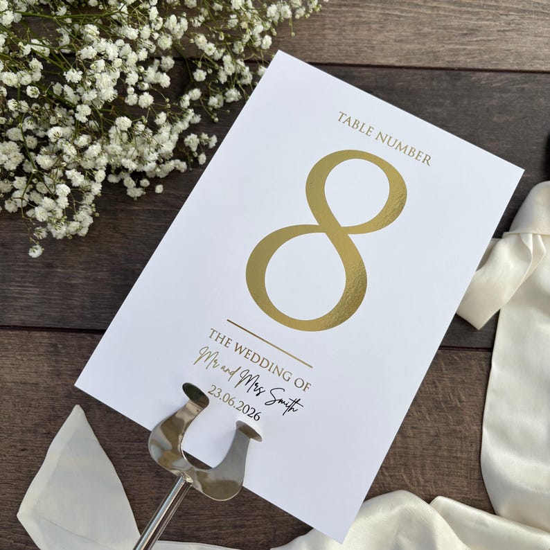 Table Numbers Sign for Wedding / Foiled in Gold, Silver or Rose Gold / Personalised Table Numbers / A5 Sign / Seating Plan / Eva image 1