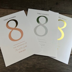 May include: Three table number cards with the number eight printed in gold, silver, and rose gold foil. The cards are white and have the text "Table Number" printed at the top. The rose gold card also has the text "The Wedding of Mr and Mrs Smith 23.06.2025" printed at the bottom.