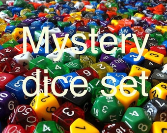 May include: A collection of colorful dice, including red, green, yellow, and blue, with white numbers. The image has the text "Mystery dice set" in a large, white font. Perfect for tabletop games.
