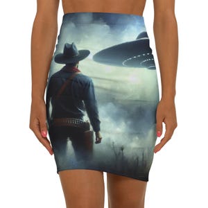 Alien Cowboy Graphic Pencil Skirt, Trendy Skirt for Women, Unique Fashion for Outer Space Lovers, Perfect for Parties, Cosplay
