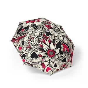 Stylish Floral Umbrella, Foldable Rain Gear for Women, Cute Gift for Rainy Days, Heart Pattern, Travel-Friendly, Fashion Accessory