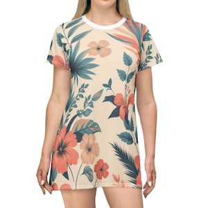 Boho Tropical T-Shirt Dress, Beach Cover Up, Summer Resort Wear, Women&#39;s Vacation Clothing, Casual Mini Dress