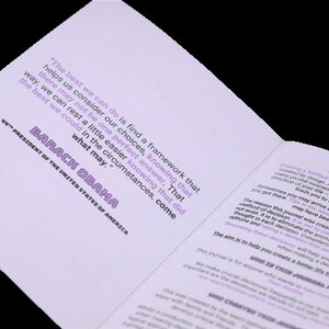 May include: A close-up of a book with a purple background. The book features a quote from Barack Obama, the 44th President of the United States of America. The quote reads, "The best we can do is find a framework that helps us consider our choices, knowing that there may not be one perfect answer. That way, we can rest a little easier knowing that did the best we could in the circumstances, come what may."