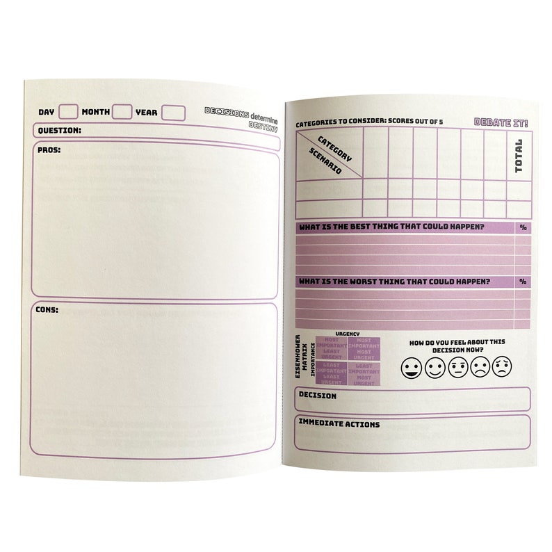 May include: A pink and white decision-making journal with sections for day, month, year, question, pros, cons, categories to consider, debate, what is the best thing that could happen, what is the worst thing that could happen, Eisenhower matrix, urgency, importance, decision, immediate actions, and how do you feel about this decision now. The journal has a grid for scoring categories and a scale for urgency and importance.