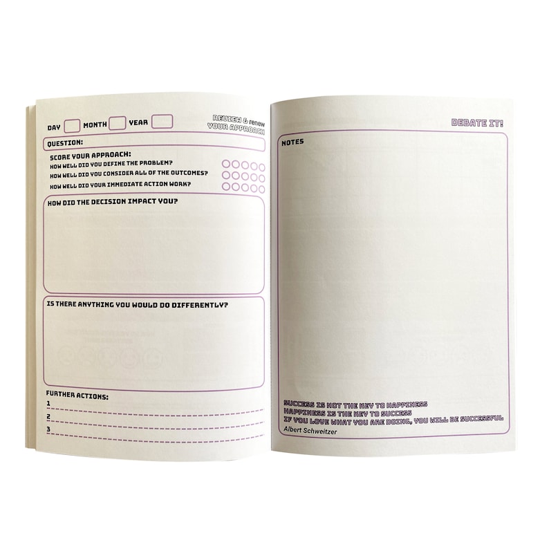 May include: A two-page spread from a journal with a purple and black design. The left page has a section for recording the day, month, and year. The right page has a section for notes and a quote by Albert Schweitzer: "Success is not the key to happiness. Happiness is the key to success. If you love what you are doing, you will be successful."