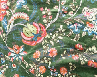 Indian Dark green floral Print Cotton Velvet Fabric: Soft Lightweight Upholstery