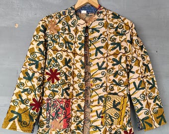 Vintage Cotton Kantha Kimono Jacket: Hand-Stitched Suzani Embroidery