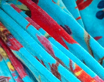 Floral Velvet Fabric: Indian Light Turquoise Birds Print Upholstery, Curtain & Cushion Material