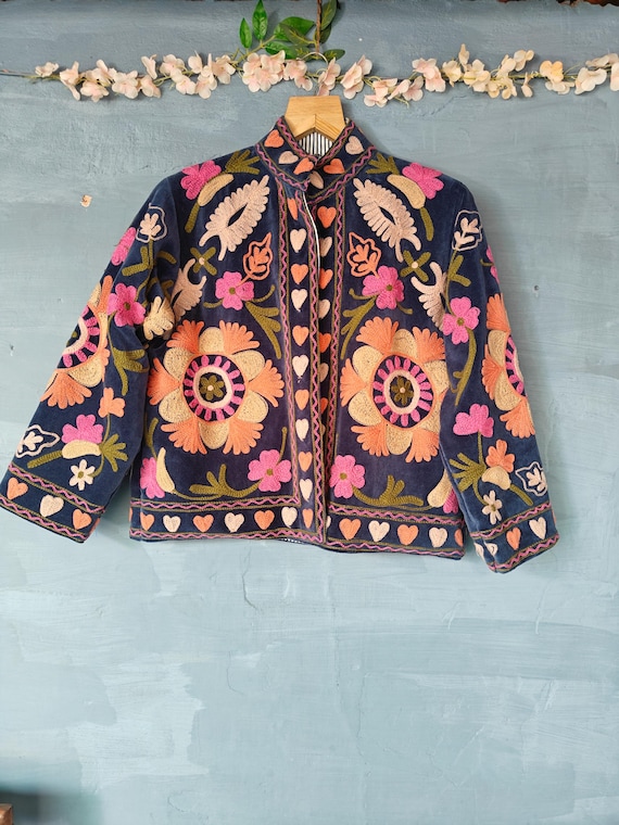 Hand Embroidered Velvet Suzani Jacket: Indian Kantha Quilted Coat