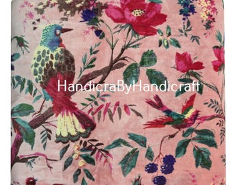 Indin Birds & Floral Print Velvet Cotton Fabric: Light Pink Upholstery Fabric