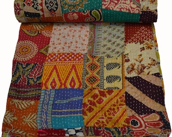 Vintage Kantha Quilt: Handmade Patchwork Cotton Bedspread (King Size)