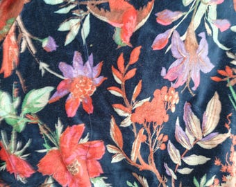Velvet Upholstery Fabric: Navy Blue Bird Print, Indian Handmade Velvet