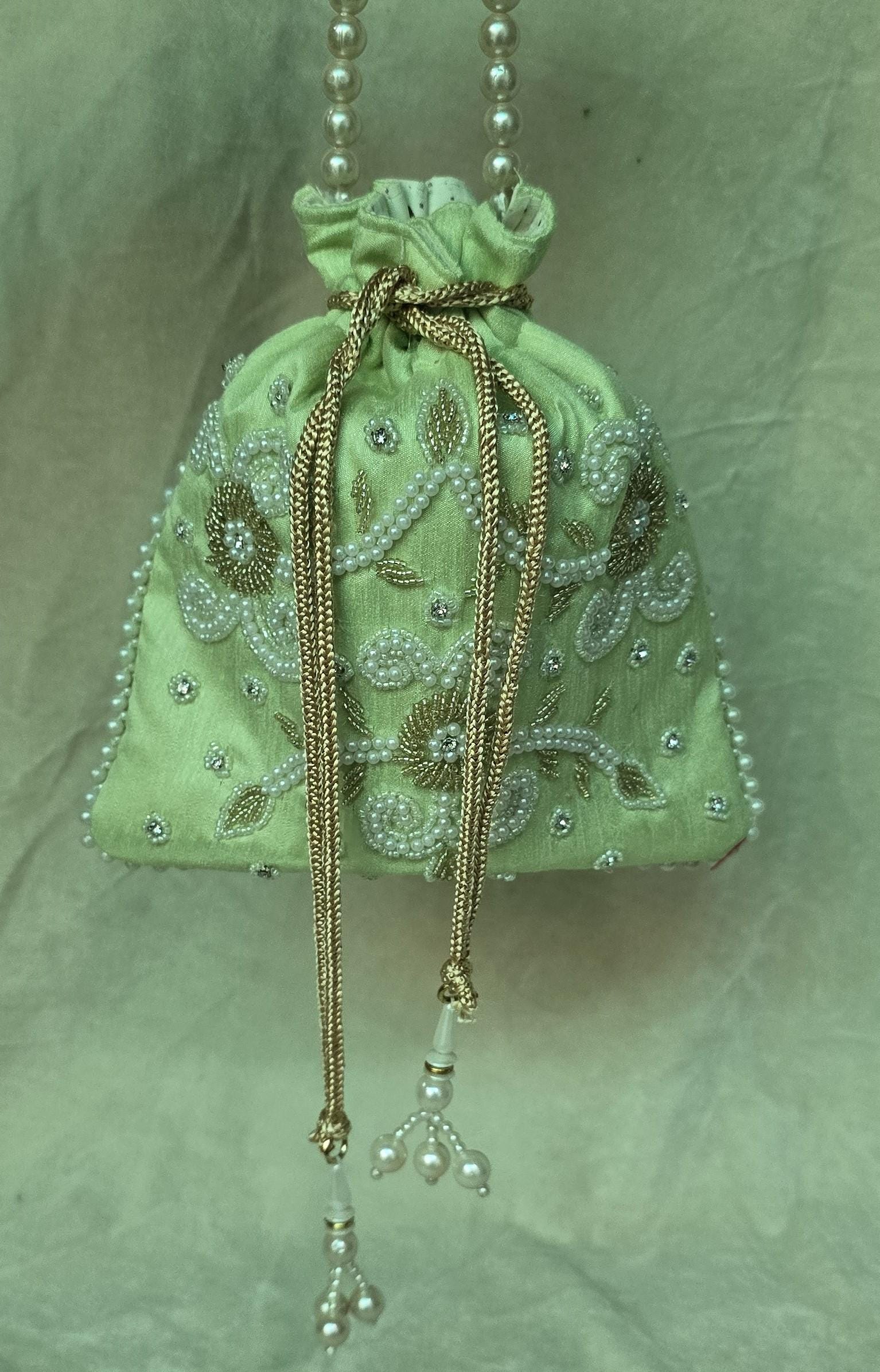 Handmade Zari Potli Bag, Golden Embroidery, Indian Wedding Favor