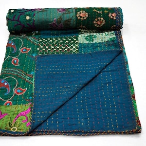Hand Block Print Kantha Quilt: Vintage Indian Cotton Bedspread