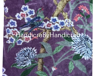 Floral Velvet Fabric: Indian Purple Floral And Birds Print Upholstery, Curtain & Cushion Material