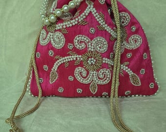 Handmade Zari Work Potli Bag, Indian Wedding Bridal Outfit, Pearl Handle