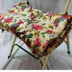 Handmade Indian Kantha Quilt: Beige Bird Print Vintage Bedspread