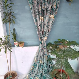 Indian Cotton Velvet Curtain: Grey Jungle Print Boho Drapes (Set of 2)