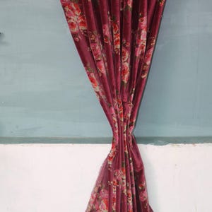 Indian Cotton Velvet Curtain: Pink Floral Print, Boho Drapes (Set of 2)