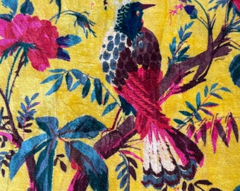 Yellow Floral Bird Velvet Fabric: Indian Cotton Upholstery Fabric