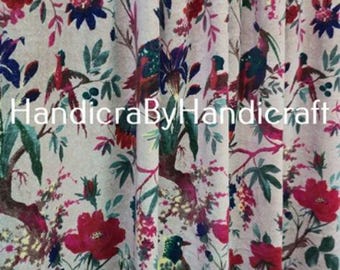 Cortina de terciopelo de algodón indio: Cortinas estilo boho con estampado de pájaros beige