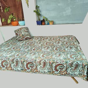 Reversible Velvet Kantha Quilt: Bohemian Printed Cotton Bedspread
