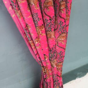 Indian Cotton Velvet Curtain: Pink Panther Print Boho Drapes