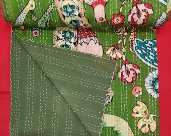 Vintage Indian Kantha Quilt: Hand Block Bird Print Cotton Bedspread
