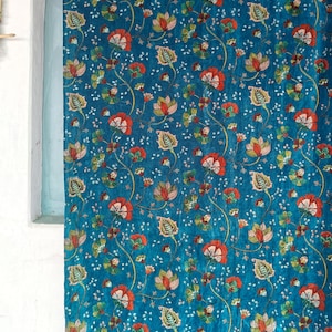 Blue Floral Printed Cotton Velvet Curtains: Boho Luxury Drapes, Set of 2