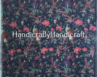 Cortina de terciopelo de algodón indio: Cortinas estilo boho con estampado de pájaros azul marino