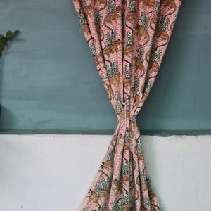 Indian Cotton Velvet Curtain: Pink Panther Print, Bohemian Drapes