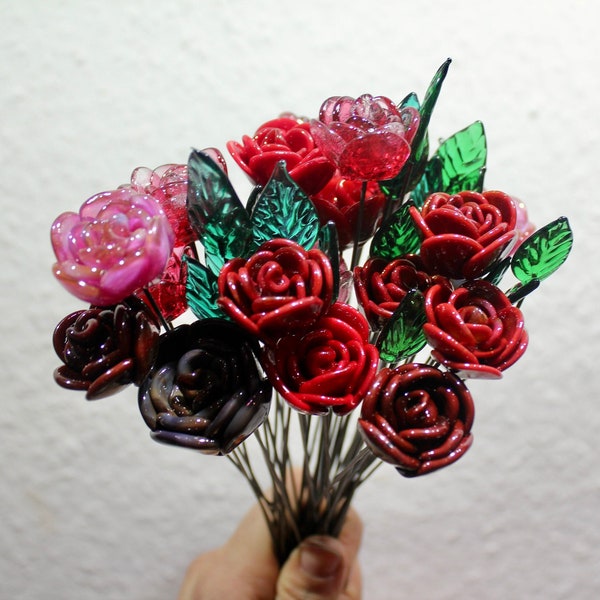 Blumenstecker, rote Glasrose auf Stahlstab, blumenstecker Deko für Kunstblumen