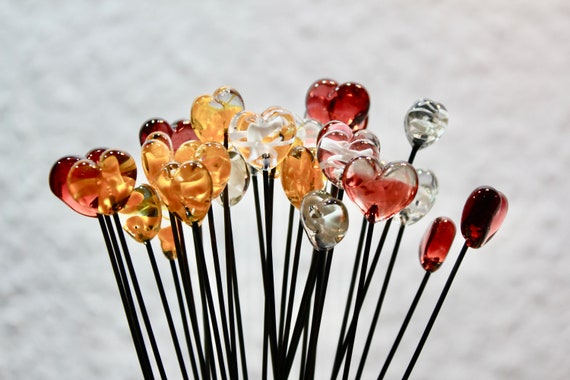 Blumenstecker, Glasherzen auf Stahlstab, blumenstecker Deko für Kunstblumen