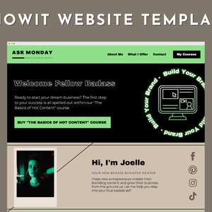 Puede incluir: Una plantilla de sitio web negro y verde con el texto "SHOWIT WEBSITE TEMPLATE" en la parte superior. El sitio web es para un mentor de negocios llamado Joelle. El sitio web tiene un botón verde que dice "COMPRAR "LOS FUNDAMENTOS DEL CONTENIDO CALIENTE" CURSO".