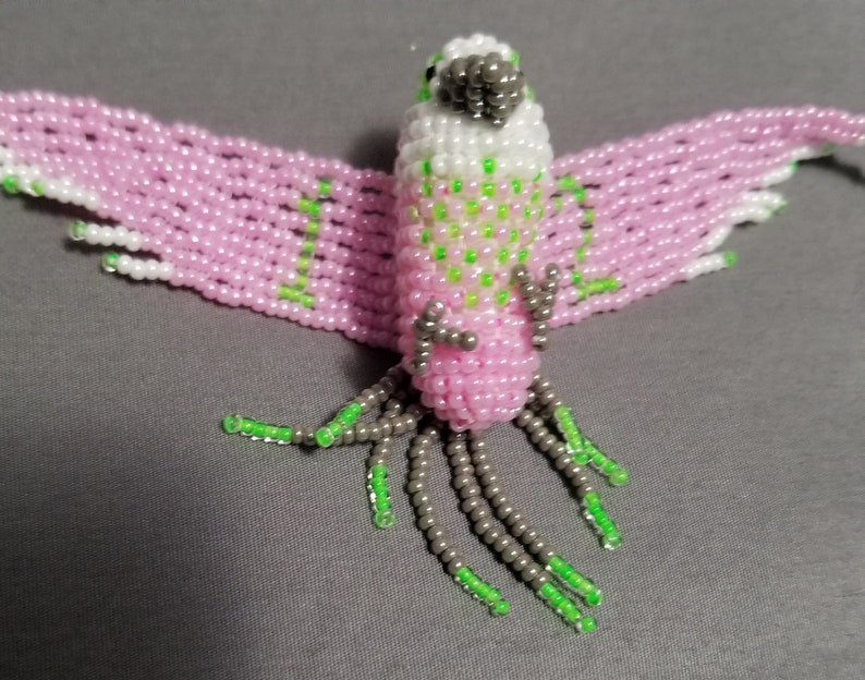 3-D seed bead pink parakeet