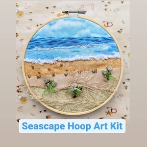 Seascape Textured Landscape Hoop Art Kit Slow Stitch, Landscape Embroidery, Textile Art, Mixed Media, Craft Kit with Instructions image 1