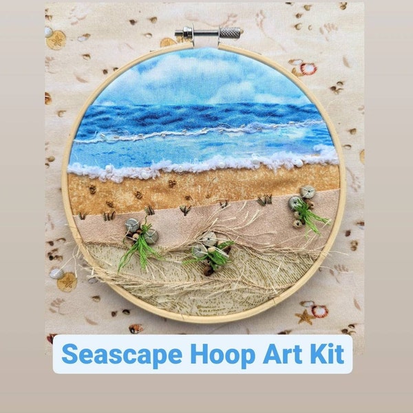 Seascape Textured Landscape Hoop Art Kit - Slow Stitch, Landscape Embroidery, Textile Art, Mixed Media, Craft Kit with Instructions