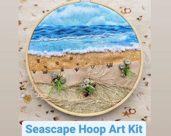 Seascape Textured Landscape Hoop Art Kit - Slow Stitch, Landscape Embroidery, Textile Art, Mixed Media, Craft Kit with Instructions