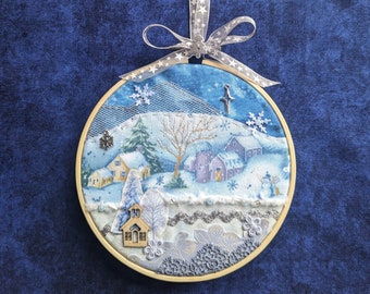 Winter Theme Hoop Art Kit - Slow Stitch, Creative Embroidery, Mixed Media, Craft Kit with Instructions, Make Your Own Winter Decor