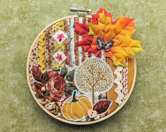 Autumn Theme Hoop Art Kit - Slow Stitch, Creative Embroidery, Mixed Media, Craft Kit with Instructions, Make Your Own Autumn Decor